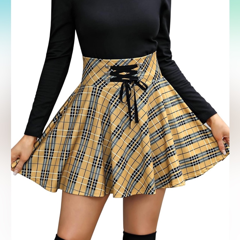 Women's High Waisted Short A-line Flare Mini Plaid Skirt